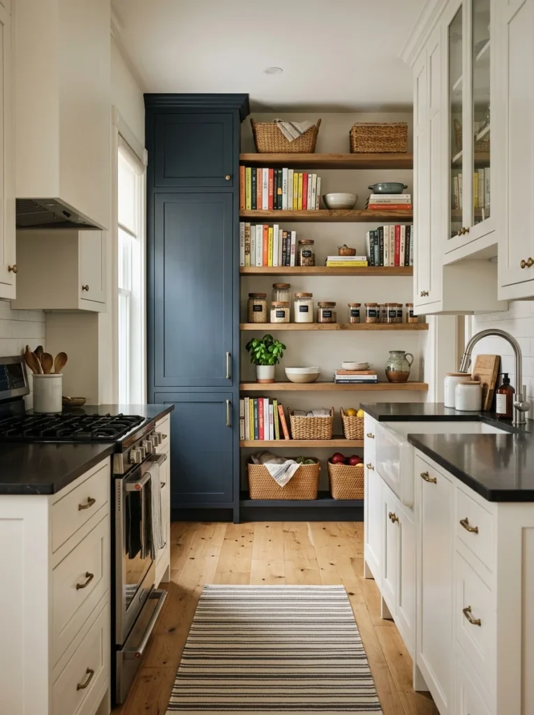 Tall narrow cabinet and shelving maximizing storage at the end of a galley kitchen.