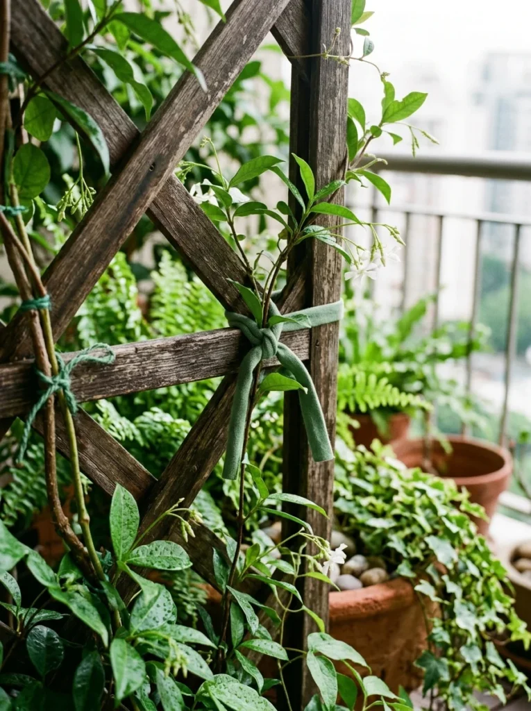 Trailing plants secured with soft ties on a balcony trellis.