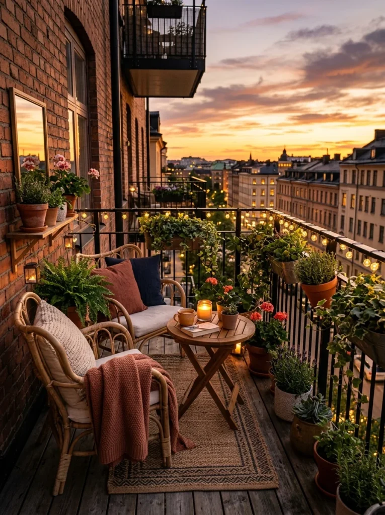 Warm solar string lights creating a relaxing balcony atmosphere.