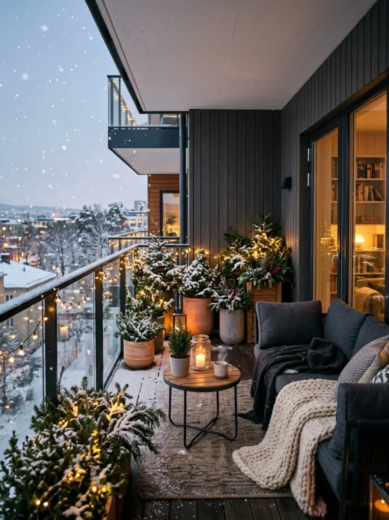 Winter balcony with evergreen plants, cozy blankets, and glowing string lights.