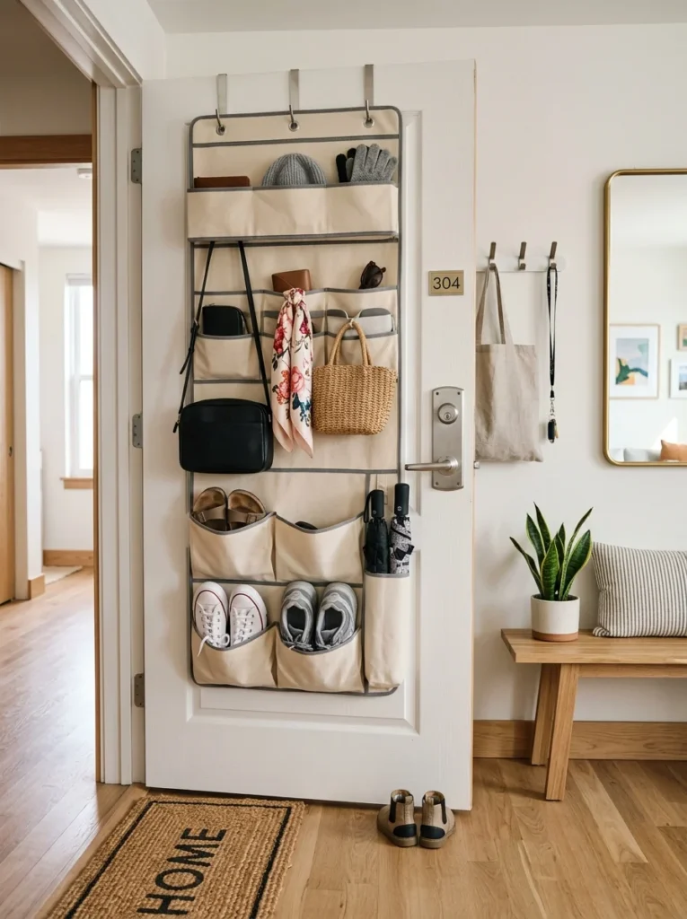 Hanging organizer maximizing unused door space inside a studio apartment.