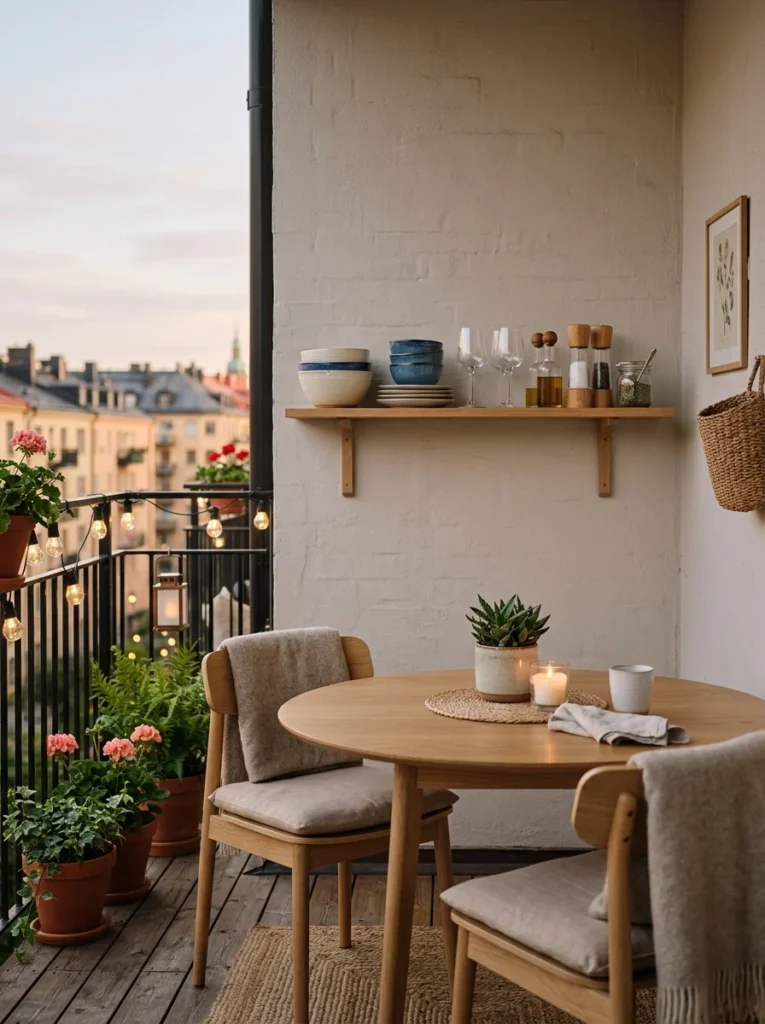 Wall-mounted shelf adding extra serving space beside a balcony dining table.