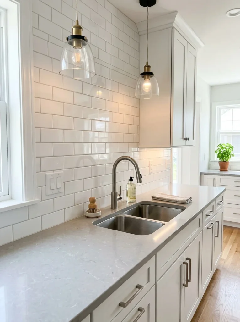 Quartz kitchen countertop installed on newly fitted cabinets.