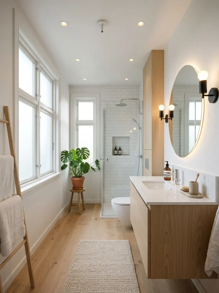 Bathroom using daylight together with layered artificial lighting.