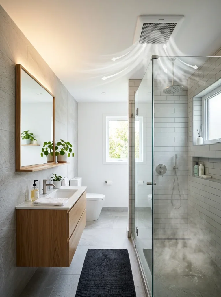 Proper bathroom ventilation system helping remove moisture and prevent mold.
