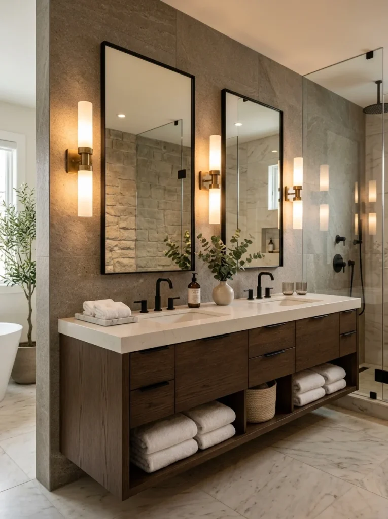 Double vanity with balanced lighting for two people using the bathroom.