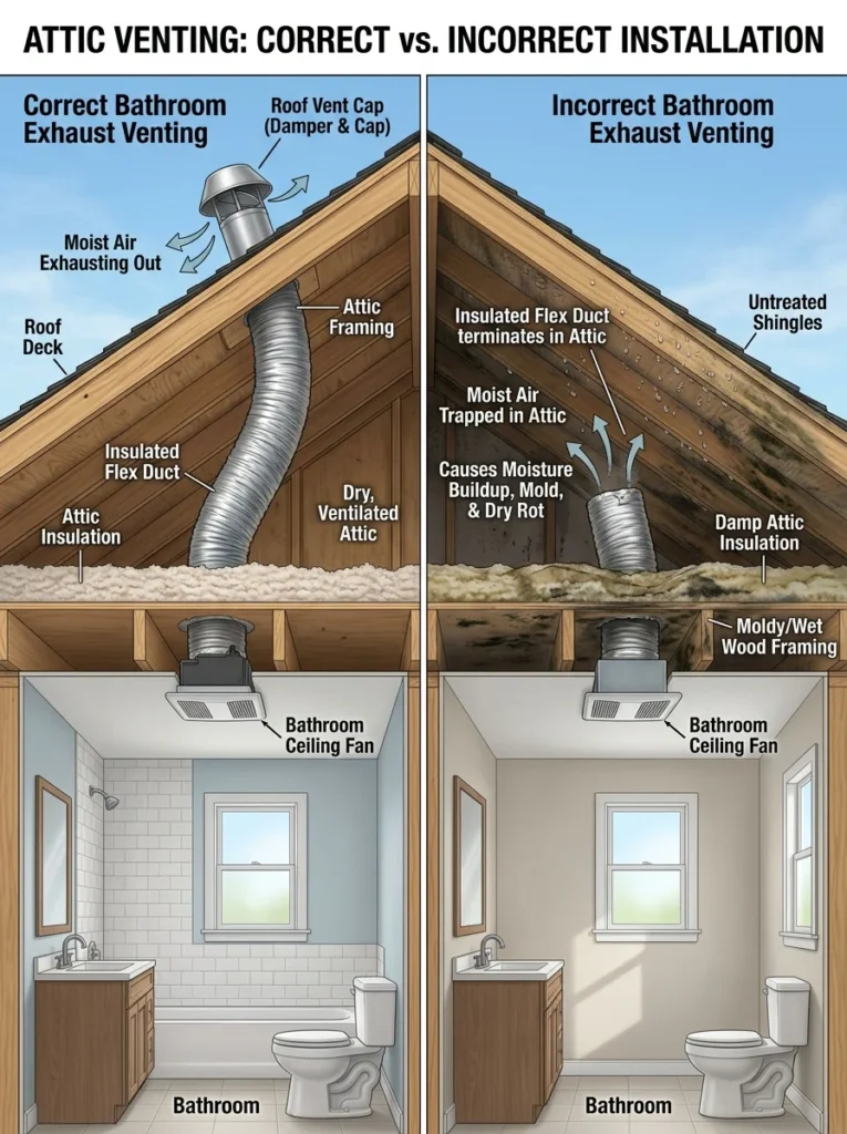 Bathroom exhaust fan venting correctly through the roof instead of the attic.