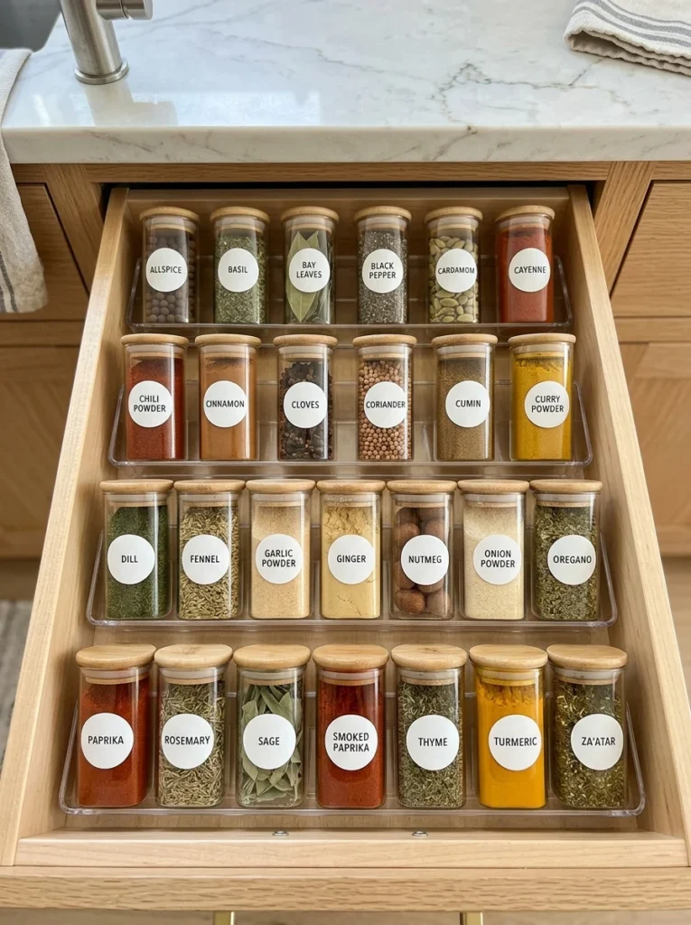 Neatly organized spice drawer with labeled jars arranged for easy access.
