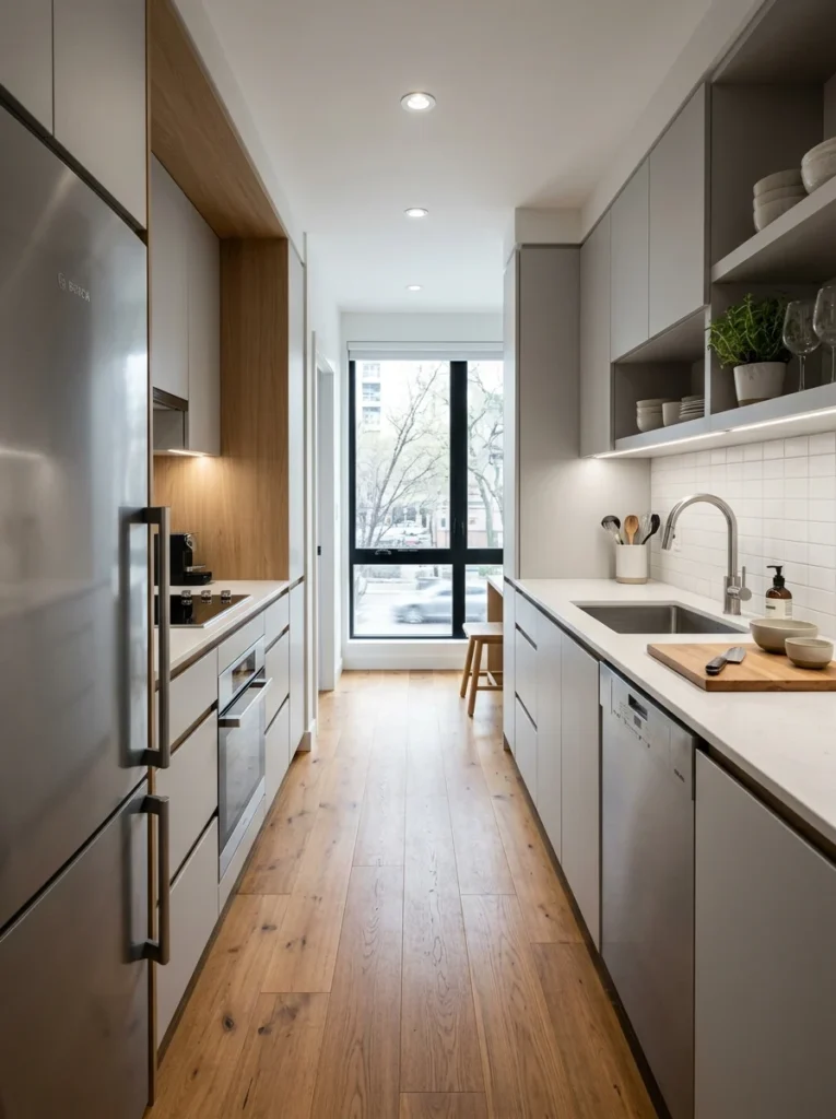 Compact kitchen appliances designed specifically for narrow galley kitchen layouts.