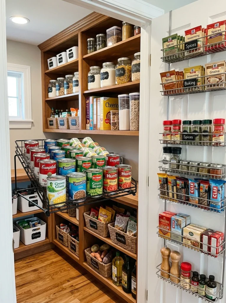 Pantry can organizer keeping older canned goods at the front for easy rotation.
