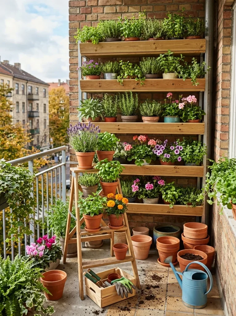 Person moving potted plants to different levels of a vertical garden for improved sunlight.