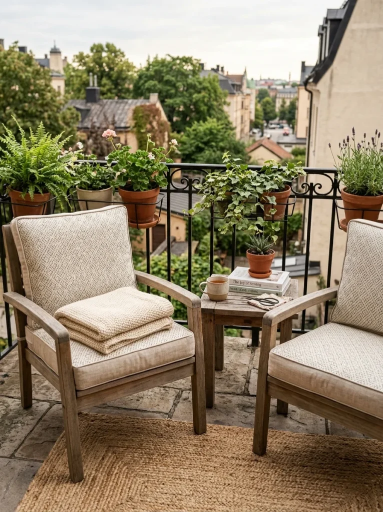 Homemade cushion covers adding comfort to balcony seating.
