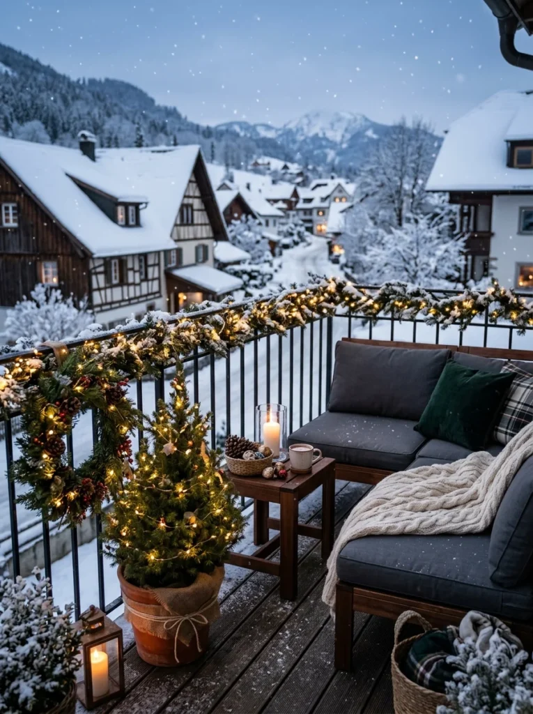 Cozy winter balcony featuring evergreen plants and warm decorative lighting.