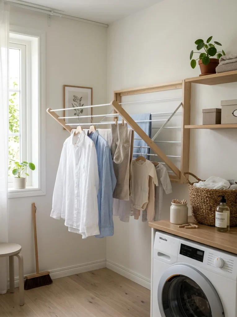 Wall-mounted drying rack saving space in a compact apartment.