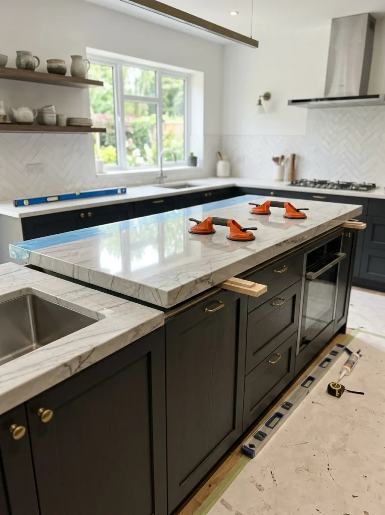 Completed kitchen backsplash, sink, faucet, and lighting installation.