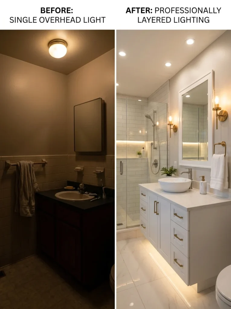 Comparison showing incorrect and correct bathroom lighting layouts.