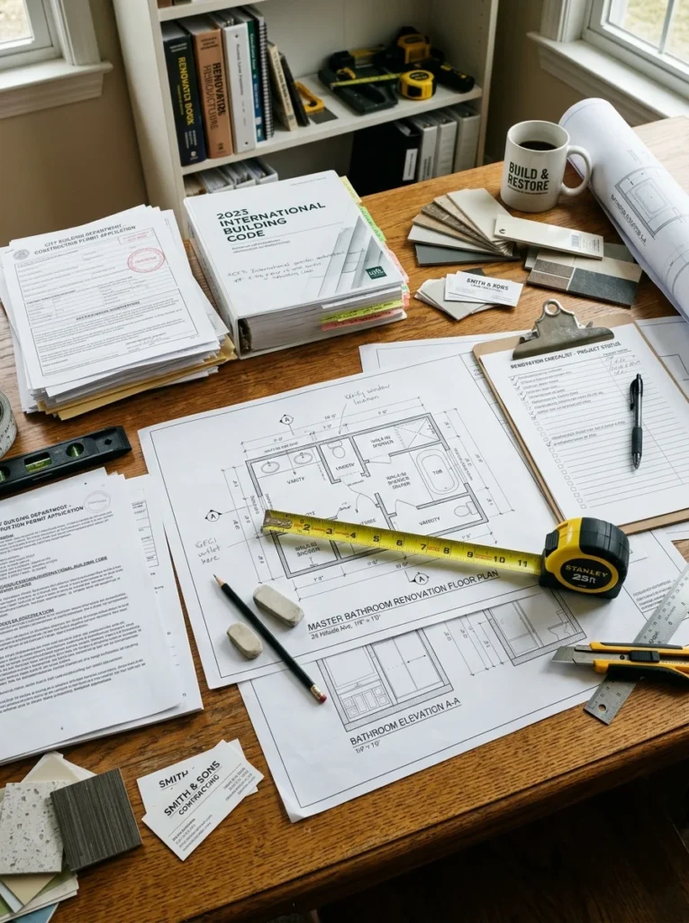 Building permits and planning documents needed before adding a bathroom.