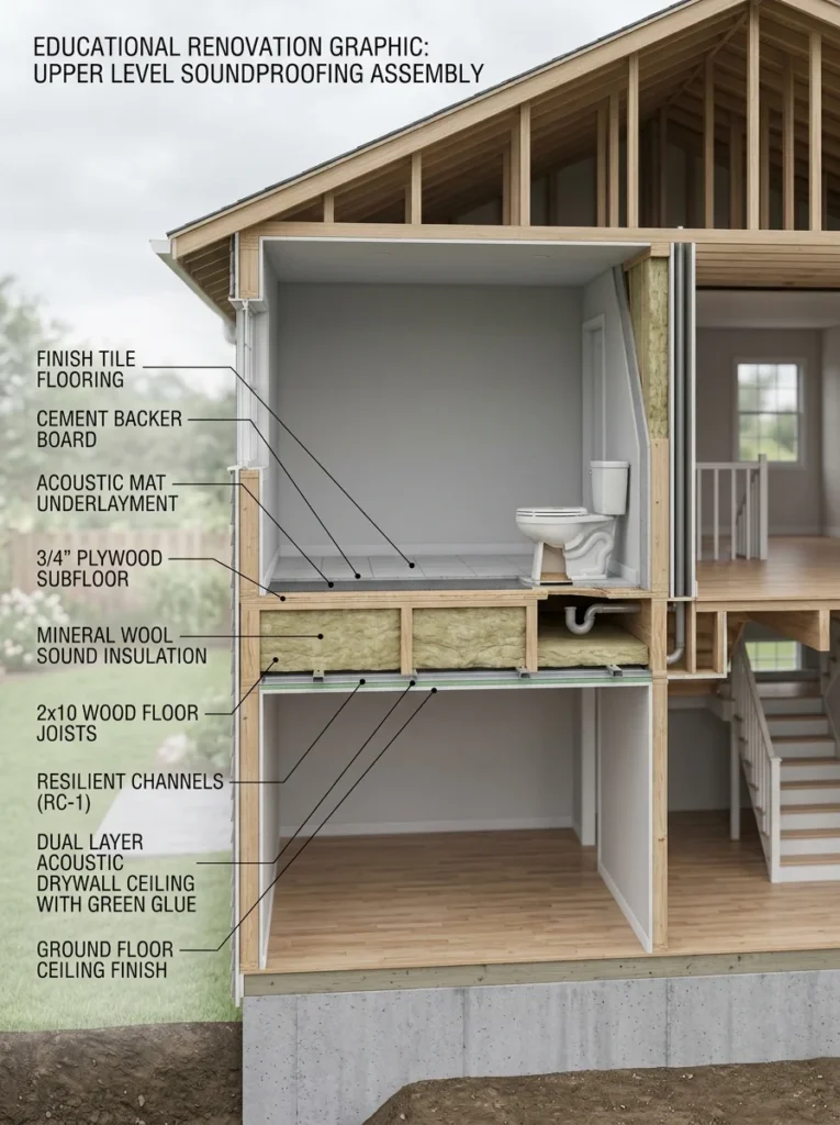 Cross-section showing soundproof ceiling and floor construction between two stories.
