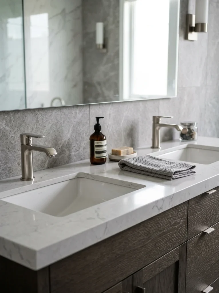Quartz countertop and moisture-resistant cabinets in a modern double vanity.