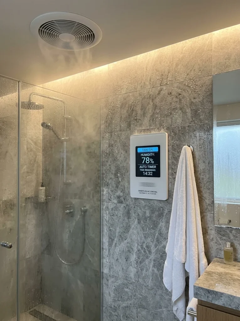 Smart bathroom exhaust fan controlled by a timer and humidity sensor.