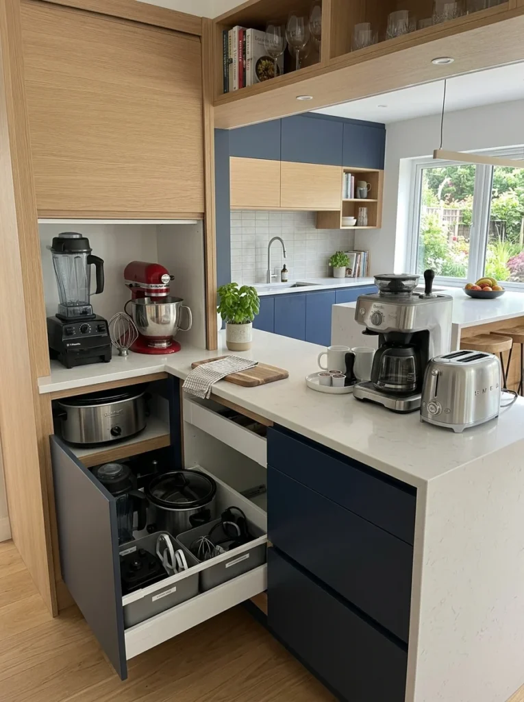 Kitchen appliances stored neatly on counters and inside cabinets for efficient use.
