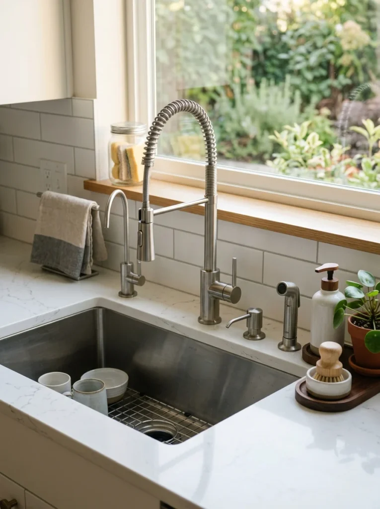 Kitchen sink with pull-down faucet, soap dispenser, and additional sink accessories.