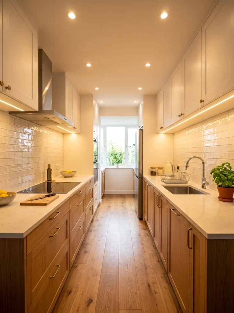 Bright galley kitchen featuring under-cabinet lighting and recessed ceiling lights.