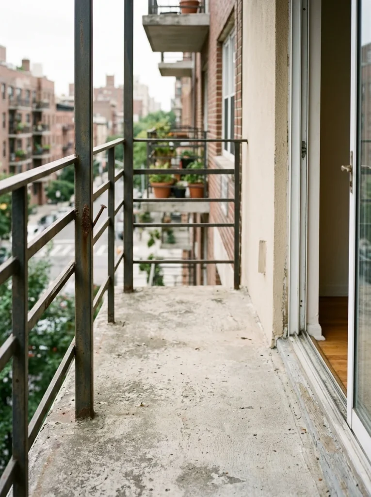 Empty apartment balcony before being transformed into a cozy outdoor living space.