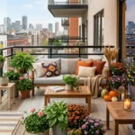 Beautiful small balcony styled for spring, summer, fall, and winter with modern outdoor furniture and seasonal decor.