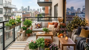 Beautiful small balcony styled for spring, summer, fall, and winter with modern outdoor furniture and seasonal decor.