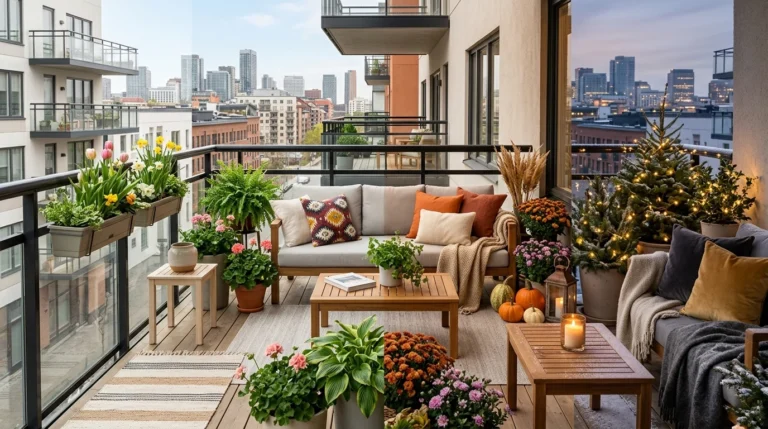 Beautiful small balcony styled for spring, summer, fall, and winter with modern outdoor furniture and seasonal decor.