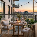 Small apartment balcony with a round bistro table and two chairs creating a cozy outdoor dining setup.