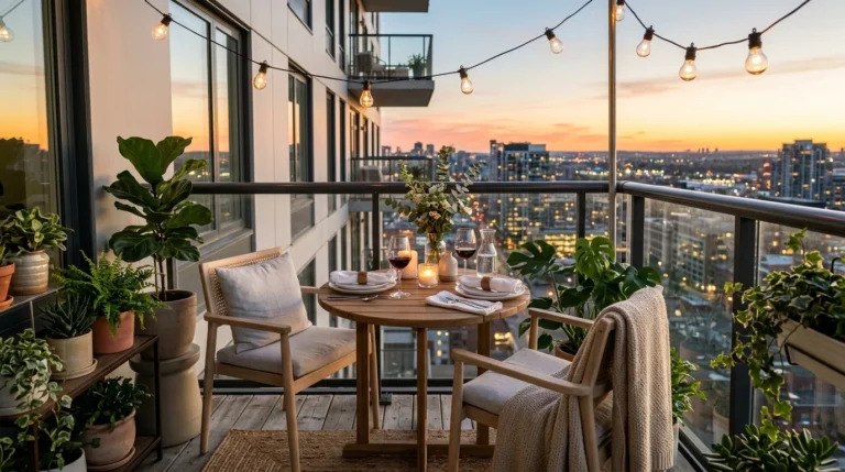 Small apartment balcony with a round bistro table and two chairs creating a cozy outdoor dining setup.