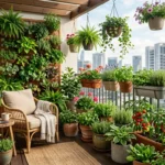 Modern small balcony garden with herbs, flowers, vertical planters, and container vegetables in a compact apartment space.