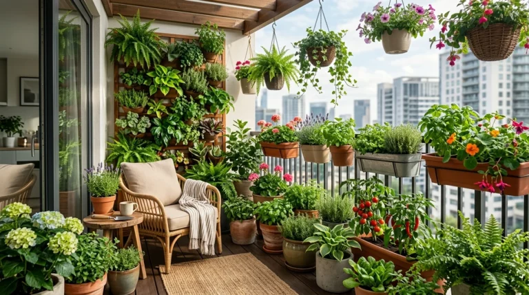 Modern small balcony garden with herbs, flowers, vertical planters, and container vegetables in a compact apartment space.