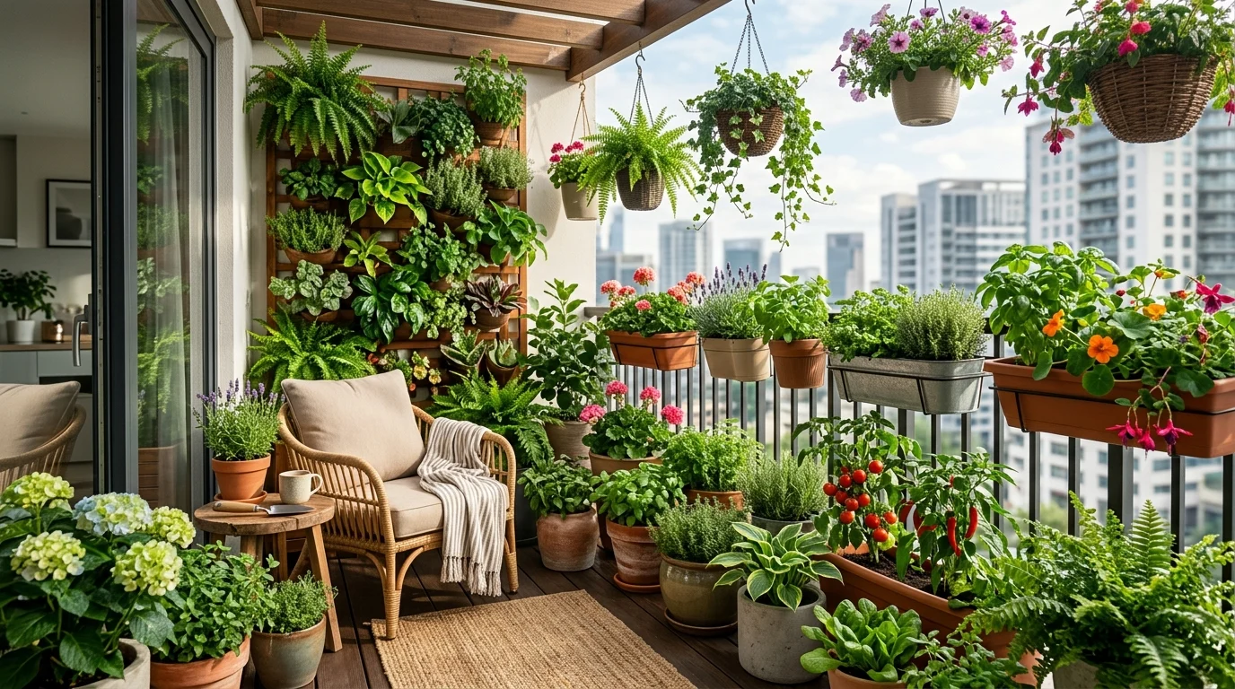 Modern small balcony garden with herbs, flowers, vertical planters, and container vegetables in a compact apartment space.