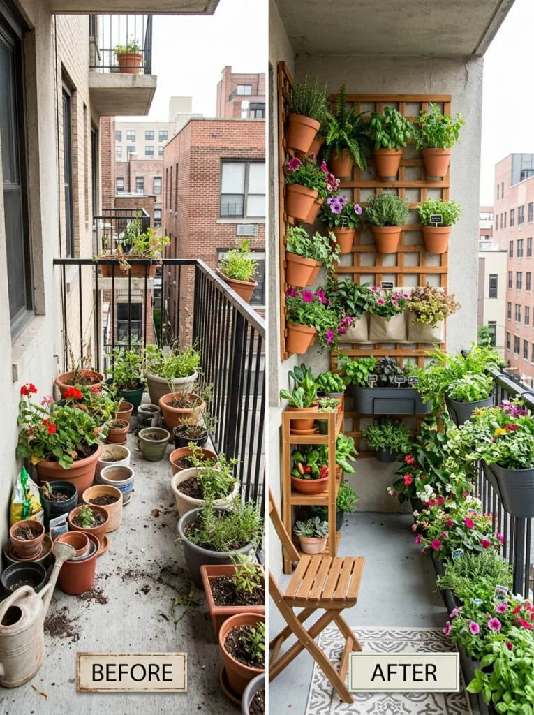 Before and after view of a small balcony transformed from crowded floor pots into a spacious vertical garden.