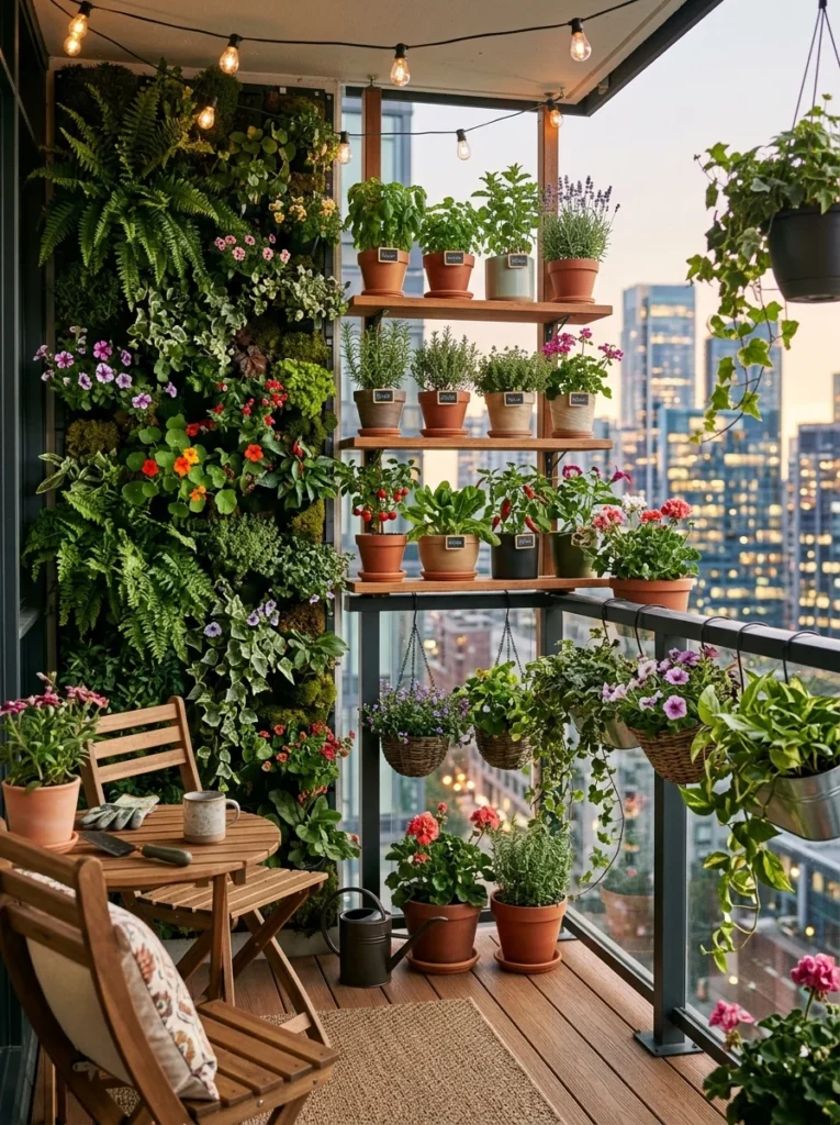 Vertical wall garden with hanging planters maximizing small balcony growing space.