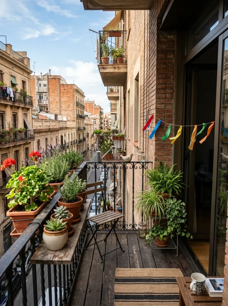 Small balcony showing sunny and shaded areas with container plants positioned according to light conditions.