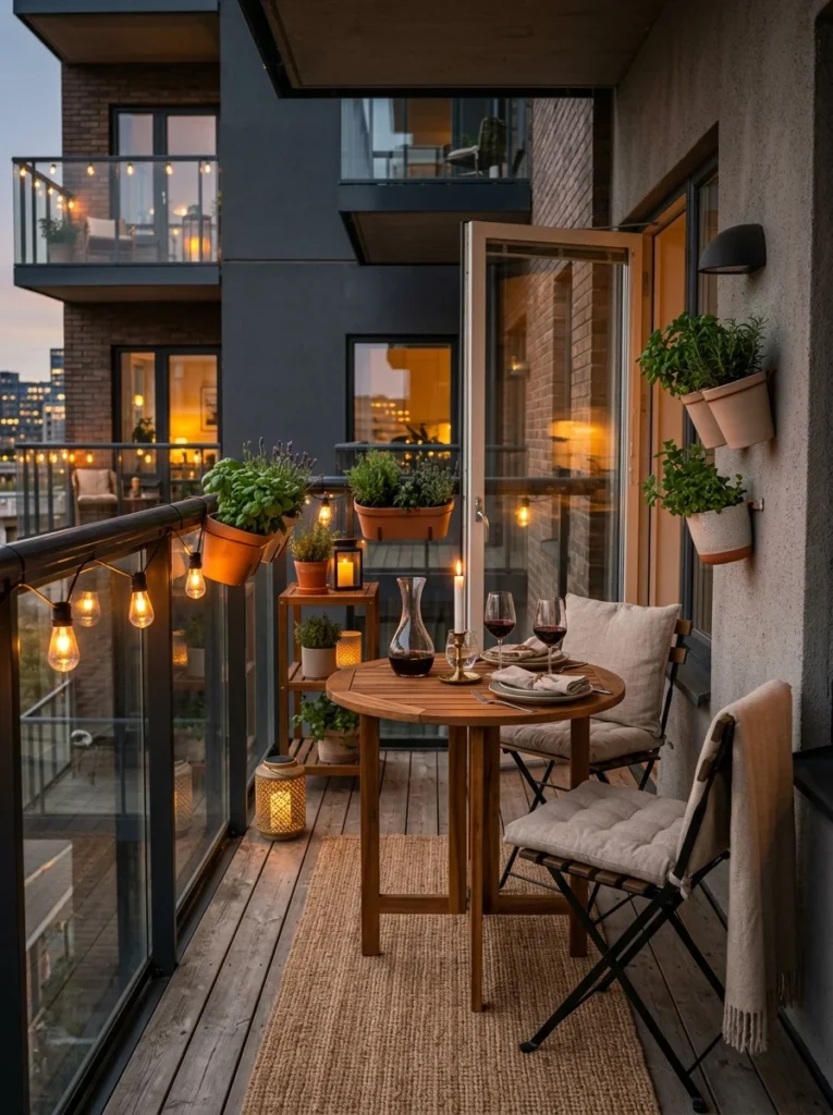 Compact balcony featuring a cozy dining table for two with modern outdoor decor.