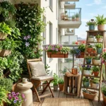 Small apartment balcony featuring a beautiful vertical garden with wall planters, railing boxes, and ladder shelves filled with herbs and flowers.