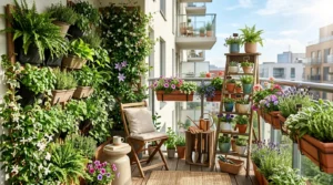 Small apartment balcony featuring a beautiful vertical garden with wall planters, railing boxes, and ladder shelves filled with herbs and flowers.