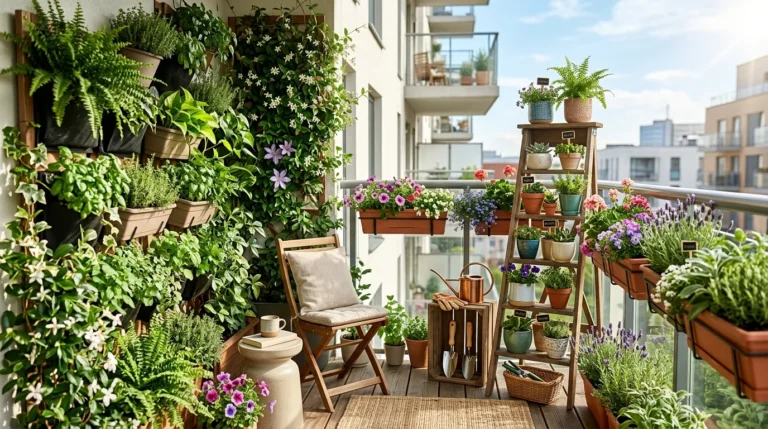 Small apartment balcony featuring a beautiful vertical garden with wall planters, railing boxes, and ladder shelves filled with herbs and flowers.