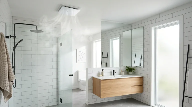 Modern bathroom with a properly sized ceiling exhaust fan removing steam after a shower.