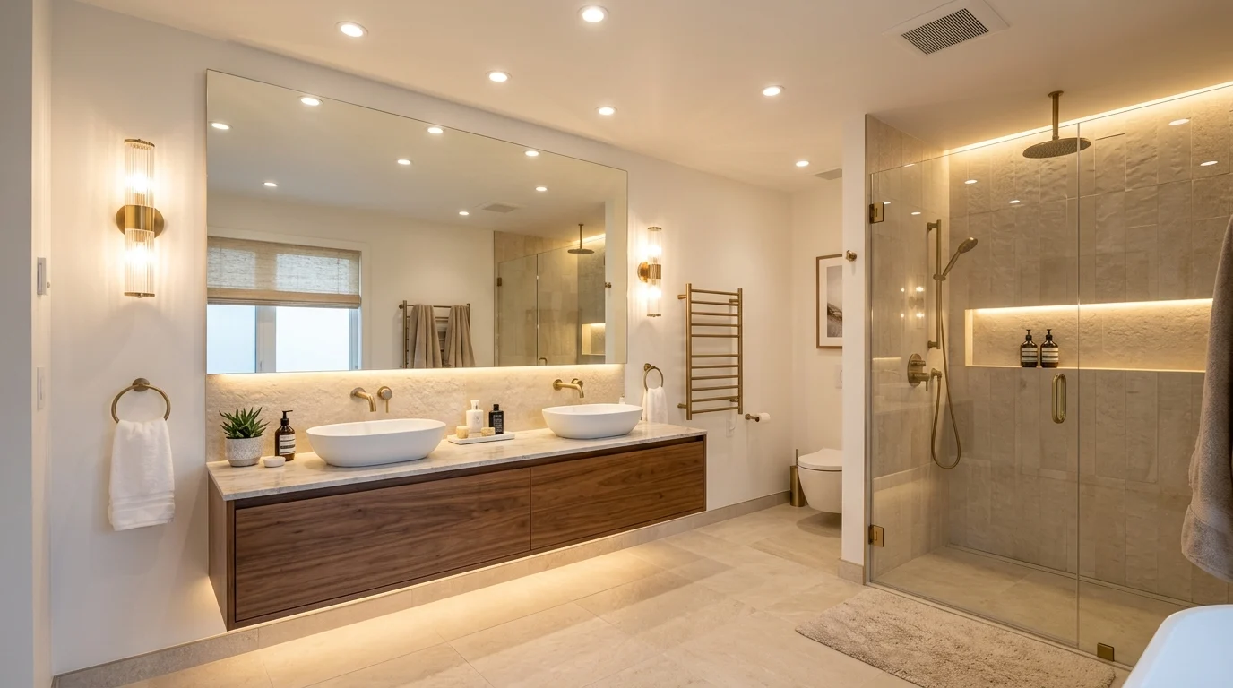 Modern bathroom featuring layered ambient, task, and accent lighting for stylish and functional illumination.