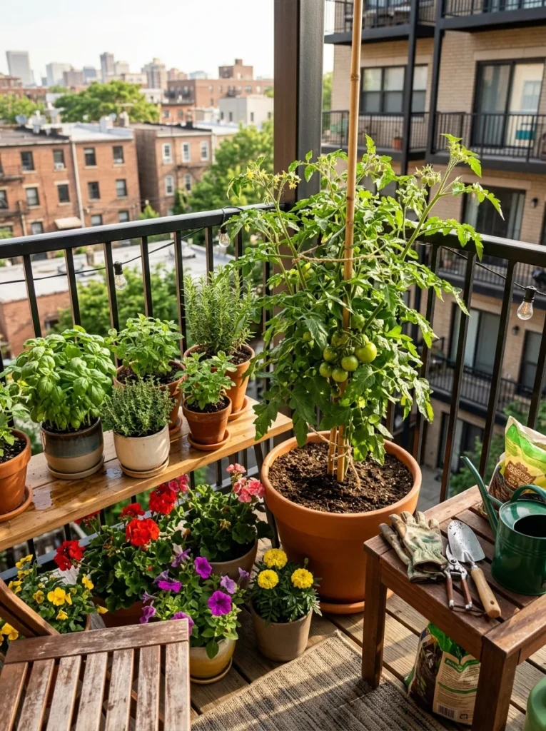 Small apartment balcony with beginner-friendly container plants and healthy herbs growing in modern pots.
