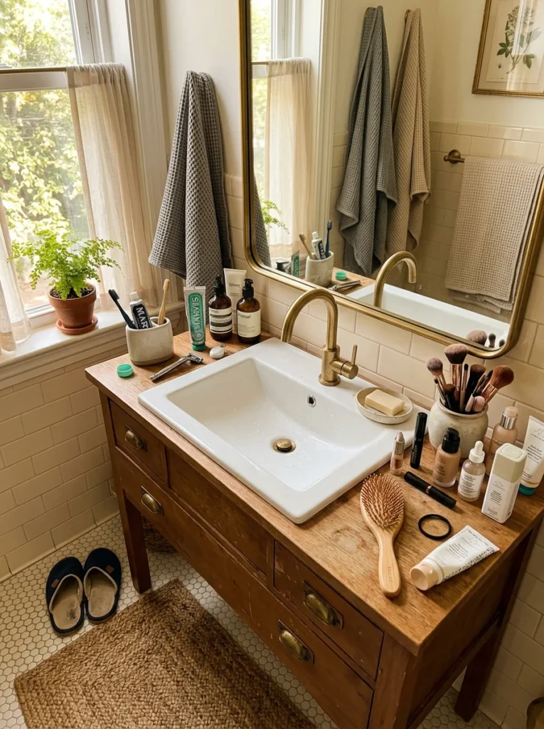 Couple sharing a single bathroom sink during a busy morning routine.