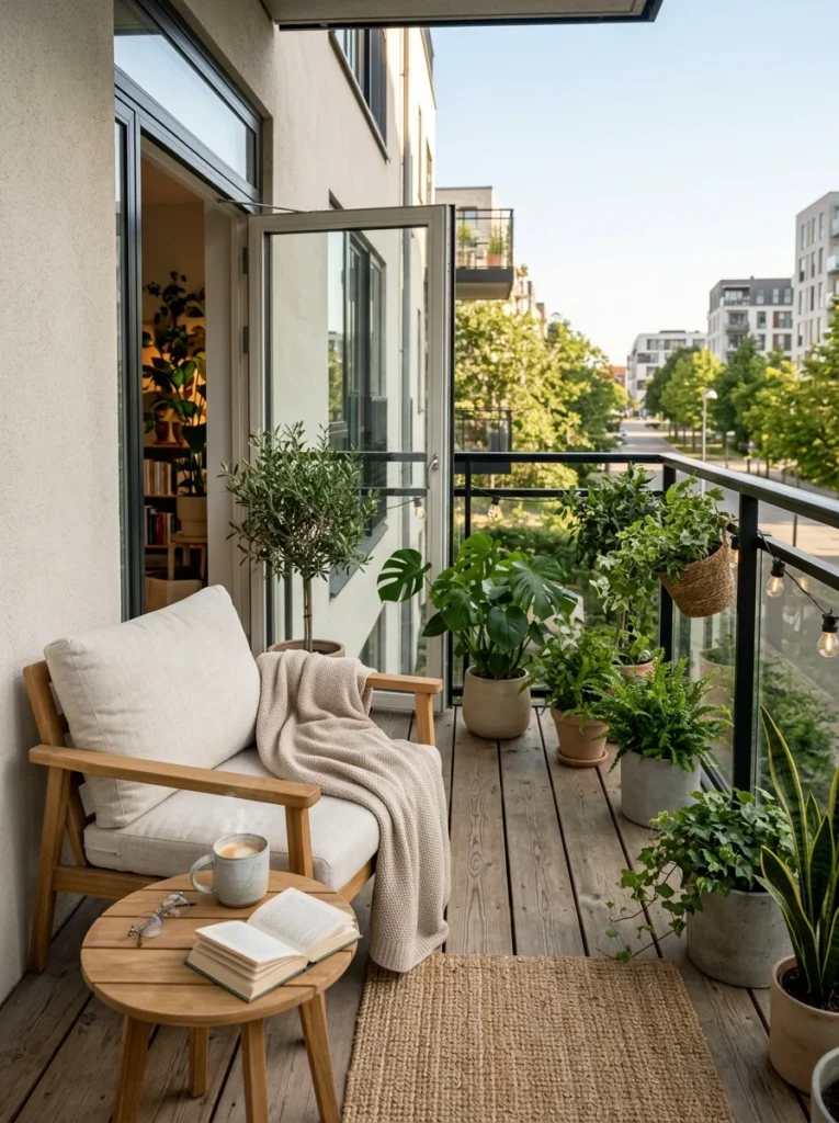 Modern small balcony with comfortable seating, plants, and cozy decor perfect for year-round use.