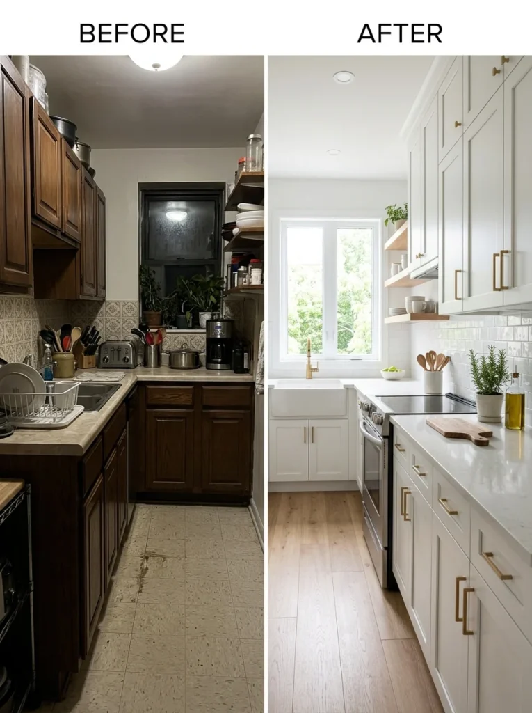 Well-designed galley kitchen showing how a narrow space can become functional and stylish.