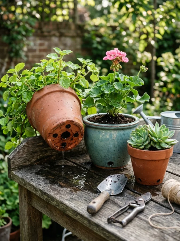 Container pots with proper drainage holes helping balcony plants stay healthy.